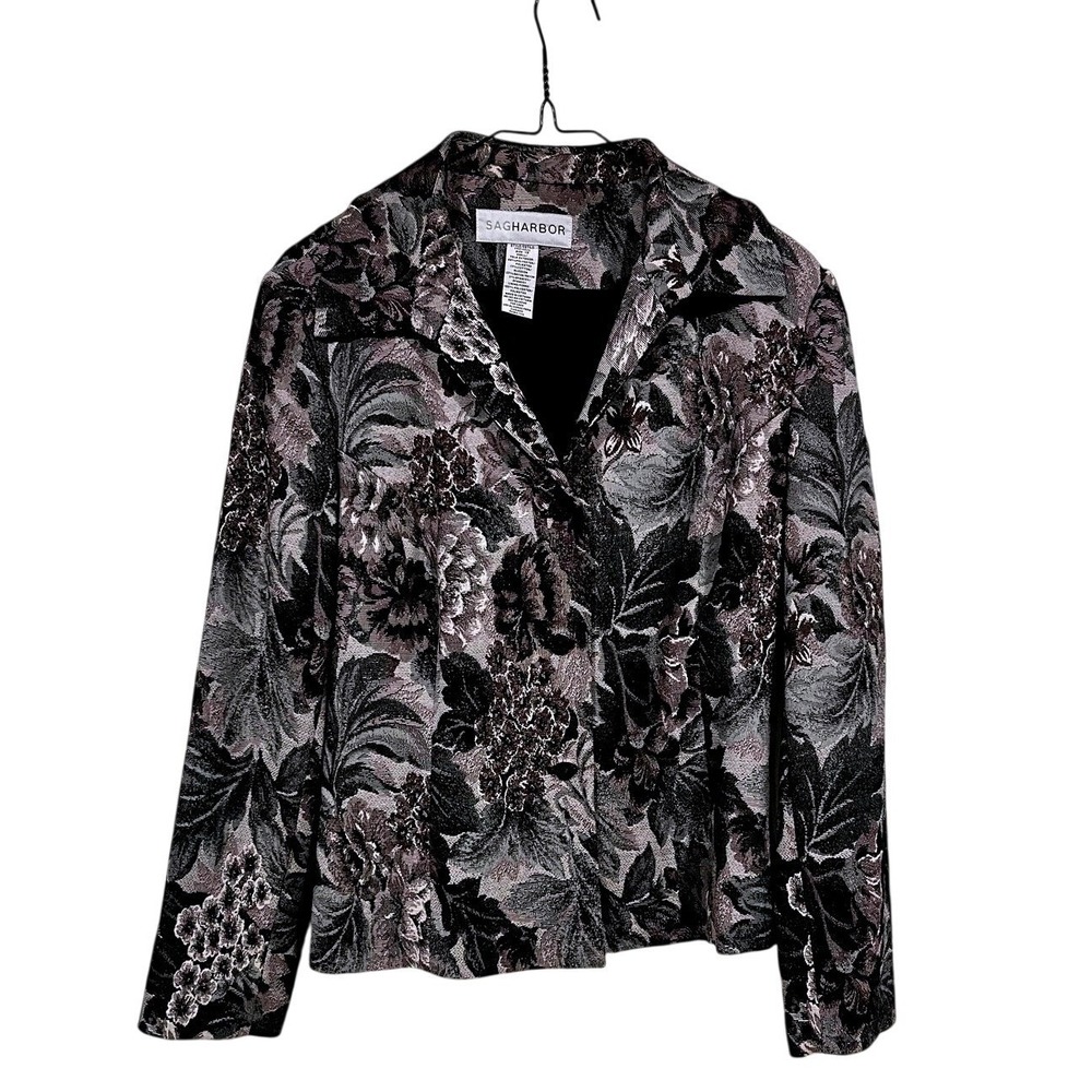 Vintage Jacket Womens 12 Gray Floral Jacquard Blazer Lined Short Classic 90s